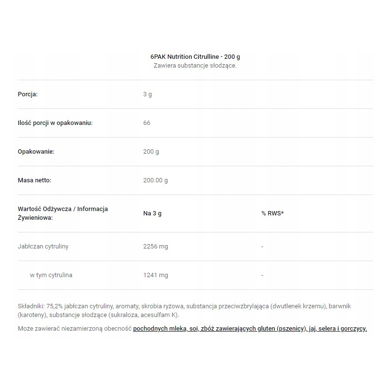 6PAK CITRULLINE MALATE 200g 66 PORCJI CYTRULINA POMPA SIŁA MOC MASA RZEŹBA