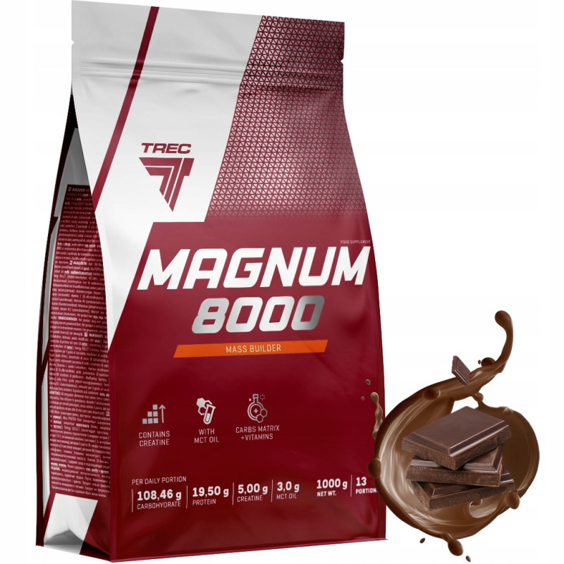 TREC MAGNUM 8000 1000g GAINER KREATYNA BCAA EAA MCT WITAMINY BIAŁKO CHOCO