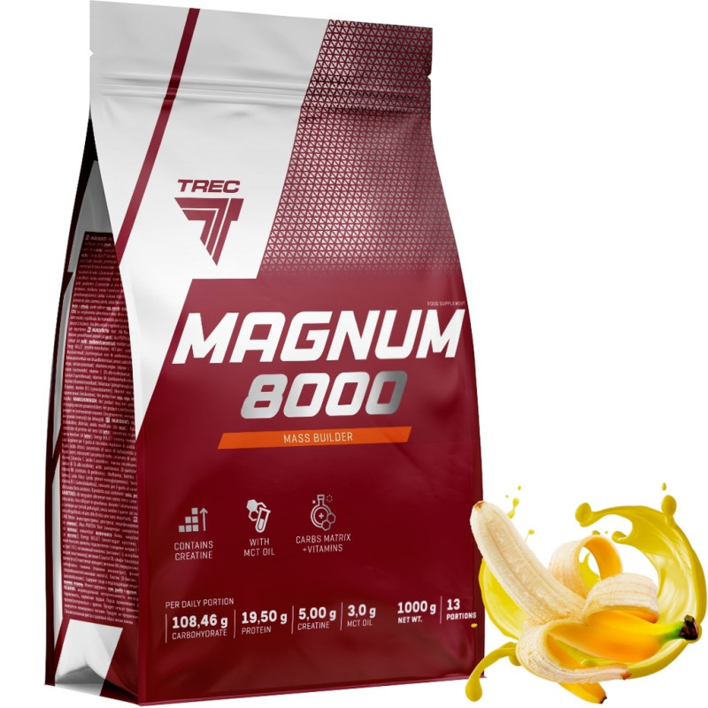 TREC MAGNUM 8000 1000g GAINER KREATYNA BCAA EAA MCT WITAMINY BIAŁKO BANANA
