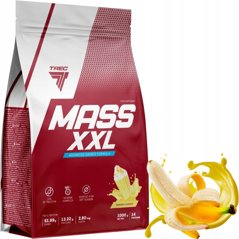 TREC MASS XXL 1KG GAINER BIAŁKO WĘGLOWODANY KREATYNA AMINOKWASY BANAN