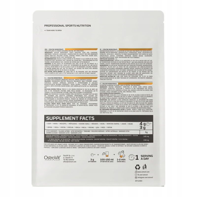 OSTROVIT MONOHYDRAT KREATYNY CREATINE MONO 500g SIŁA MASA MOC POMPA ORANGE