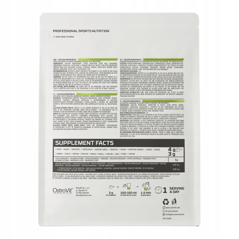 OSTROVIT MONOHYDRAT KREATYNY CREATINE MONO 500g SIŁA MASA MOC POMPA JABŁKO OSTROVIT MONOHYDRAT KREATYNY CREATINE MONO 500g SIŁA MASA MOC POMPA JABŁKO