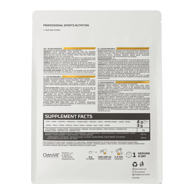 OSTROVIT MONOHYDRAT KREATYNY CREATINE MONO 500g SIŁA MASA MOC POMPA MANGO