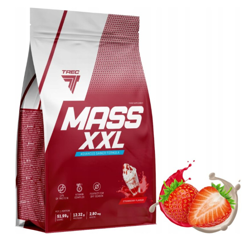 TREC MASS XXL 1KG GAINER BIAŁKO WĘGLOWODANY KREATYNA AMINOKWASY TRUSKAWKA