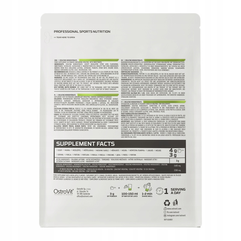 OstroVit Monohydrat Kreatyny 300 g CREATINE SIŁA MOC SPORT - jabłko