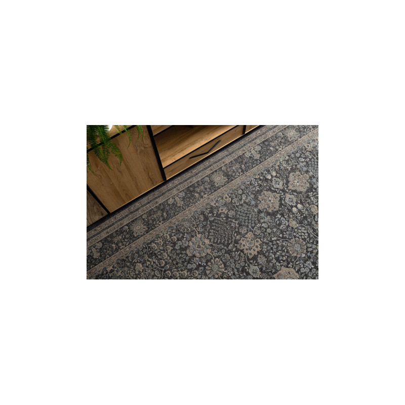 Dywan ANTIGUA 518 74 KD900 wełniany OSTA - Kwiaty, ramka płaskotkany beż / czarny 250x350cm