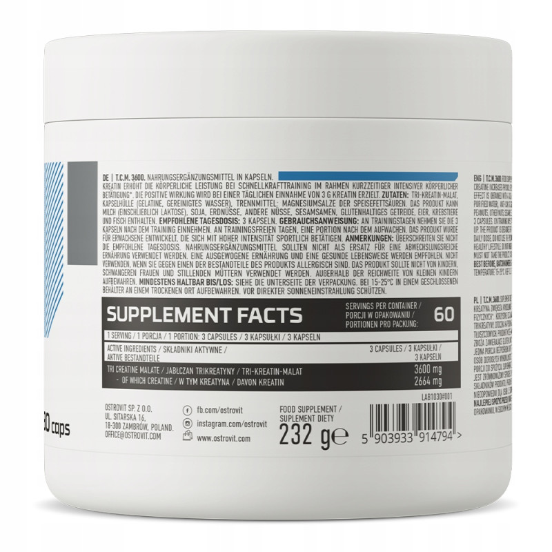 OstroVit T.C.M CREATINE Jabłczan kreatyny TCM CZYSTA MASA ENERGIA 180 caps