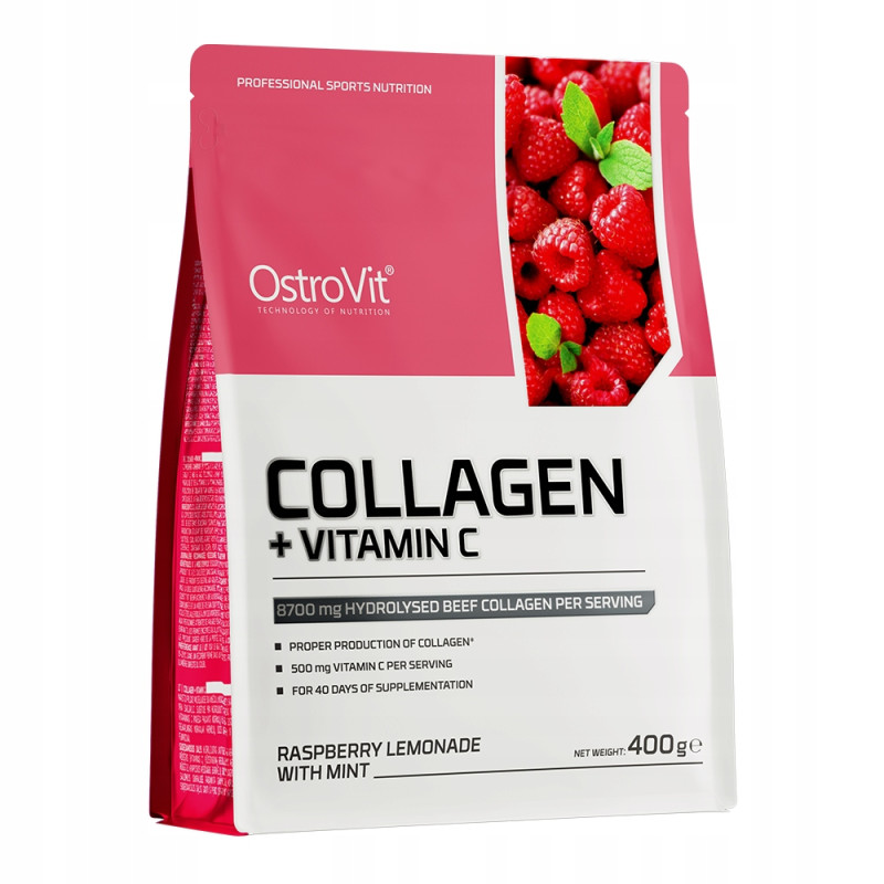 OstroVit Collagen + Vitamin C Kolagen wołowy na stawy włosy 400 g malina OstroVit Collagen + Vitamin C Kolagen wołowy na stawy włosy 400 g malina