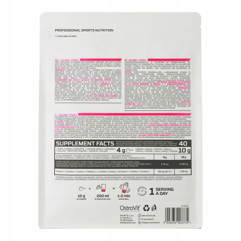 OstroVit Collagen + Vitamin C Kolagen wołowy na stawy włosy 400 g malina OstroVit Collagen + Vitamin C Kolagen wołowy na stawy włosy 400 g malina
