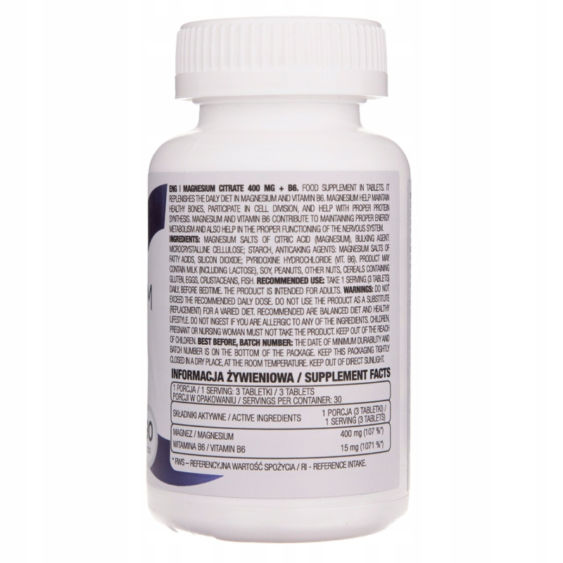 OstroVit Cytrynian Magnezu 400mg + B6 Zmęczenie Skurcze Mięśni 90 tabl.