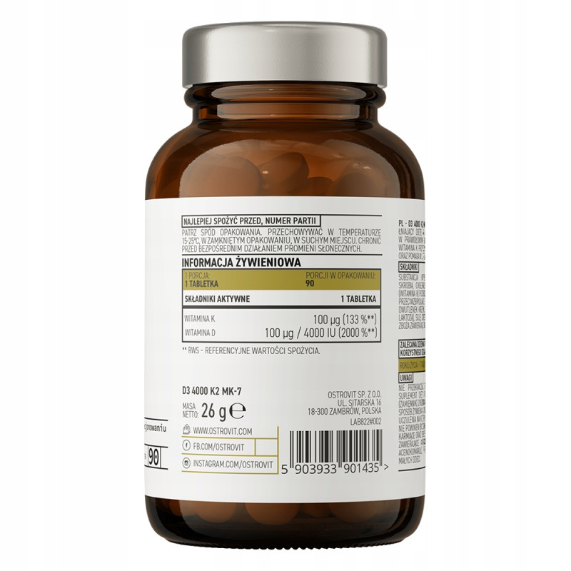 OstroVit Pharma D3 4000 + K2 MK-7 90 tabletek mocna witamina d3 z k2