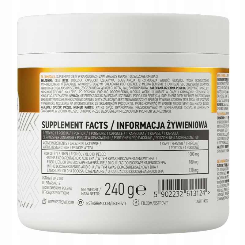 OstroVit Omega 3 KWASY TŁUSZCZOWE EPA DHA Olej Rybi 1000 mg 180kap