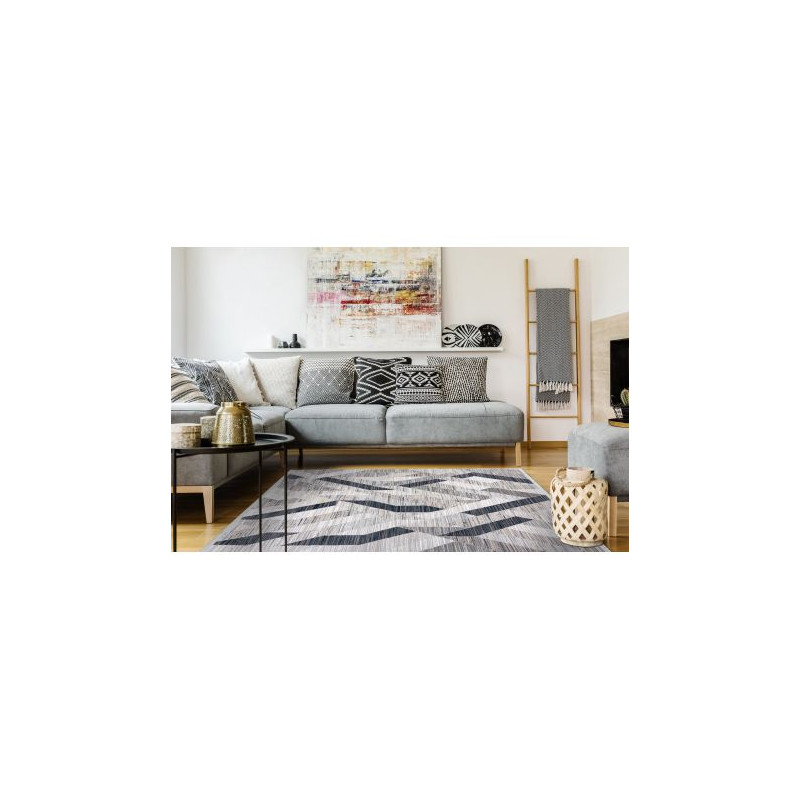 Dywan REBEC nowoczesny frędzle 51166B Geometryczny - dwa poziomy runa granat / krem 80x150cm