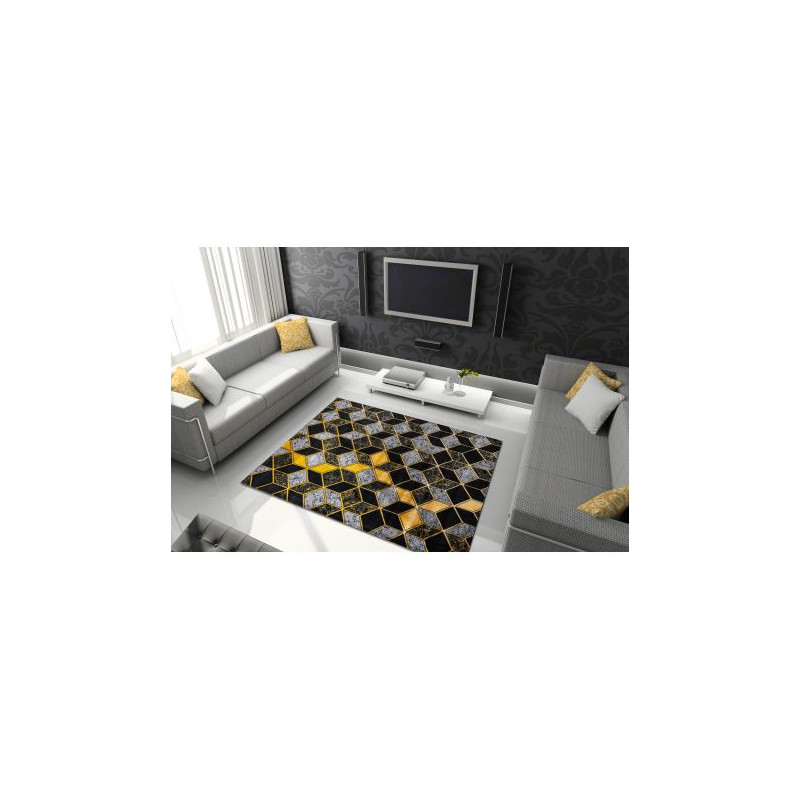 Dywan GLOSS nowoczesny 400B 86 stylowy, glamour, art deco, 3D geometryczny czarny / złoty 80x250cm