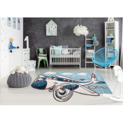 Dywan dziecięcy TOYS 75320 Samolot dla dzieci - nowoczesny, nieregularny kształt, efekt 3D, granat - turkus / krem 133x192cm
