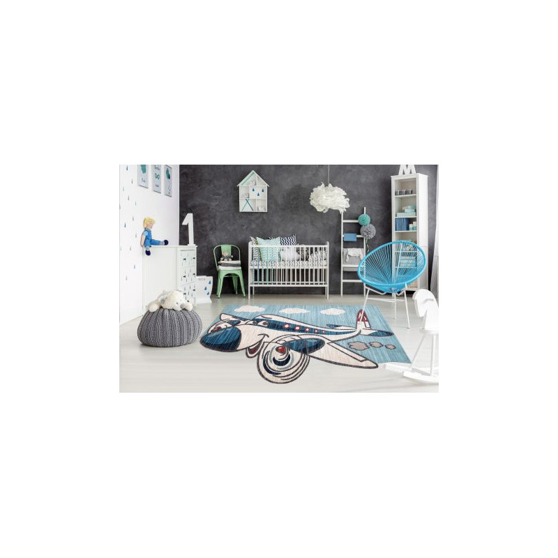 Dywan dziecięcy TOYS 75320 Samolot dla dzieci - nowoczesny, nieregularny kształt, efekt 3D, granat - turkus / krem 133x192cm
