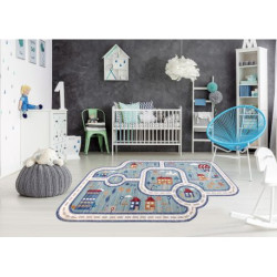 Dywan dziecięcy TOYS 75321 Uliczki dla dzieci - nowoczesny, nieregularny kształt, efekt 3D, granat - turkus / krem 133x192cm