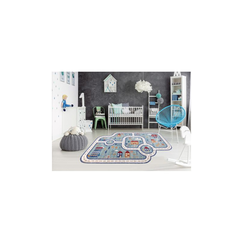 Dywan dziecięcy TOYS 75321 Uliczki dla dzieci - nowoczesny, nieregularny kształt, efekt 3D, granat - turkus / krem 133x192cm