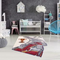 Dywan dziecięcy TOYS 75327 Wyścigówka Formuła 1 dla dzieci - nowoczesny, nieregularny kształt krem / czerwony fuksja 133x192cm