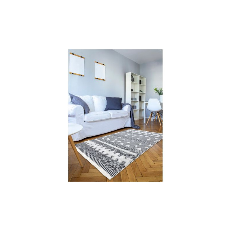 Dywan MOROC Geometryczny 22321 Ekologiczny, EKO SIZAL frędzle - dwa poziomy runa krem / szary, dywan z bawełny recyklingowanej 155x220cm