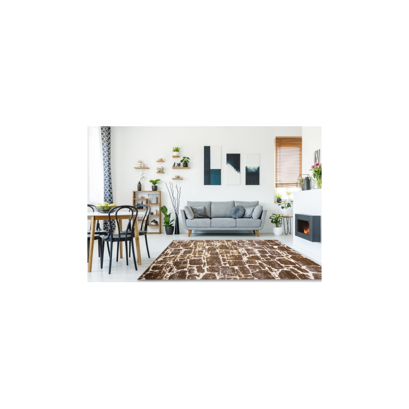 Dywan MEFE nowoczesny 6184 Kostka brukowa cegła - Strukturalny, dwa poziomy runa ciemny beż 160x220cm