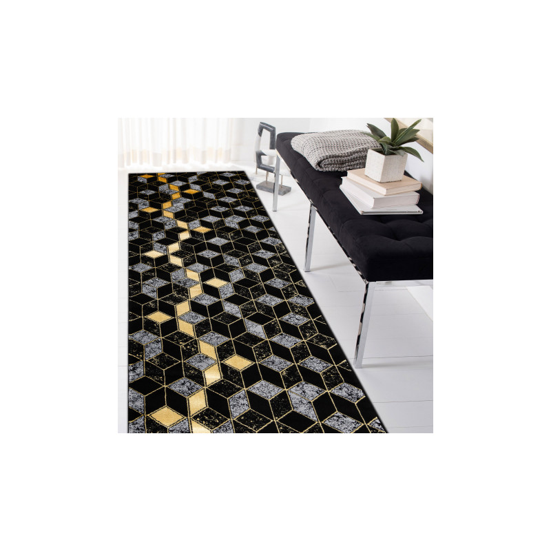 Dywan, Chodnik GLOSS nowoczesny 400B 86 stylowy, glamour, art deco, 3D geometryczny czarny / złoty 80x200cm
