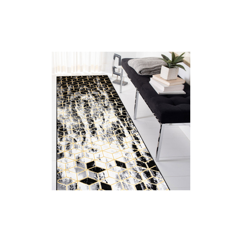 Dywan, Chodnik GLOSS nowoczesny 409A 82 Sześcian, stylowy, glamour, art deco czarny / szary / złoty  70x300cm