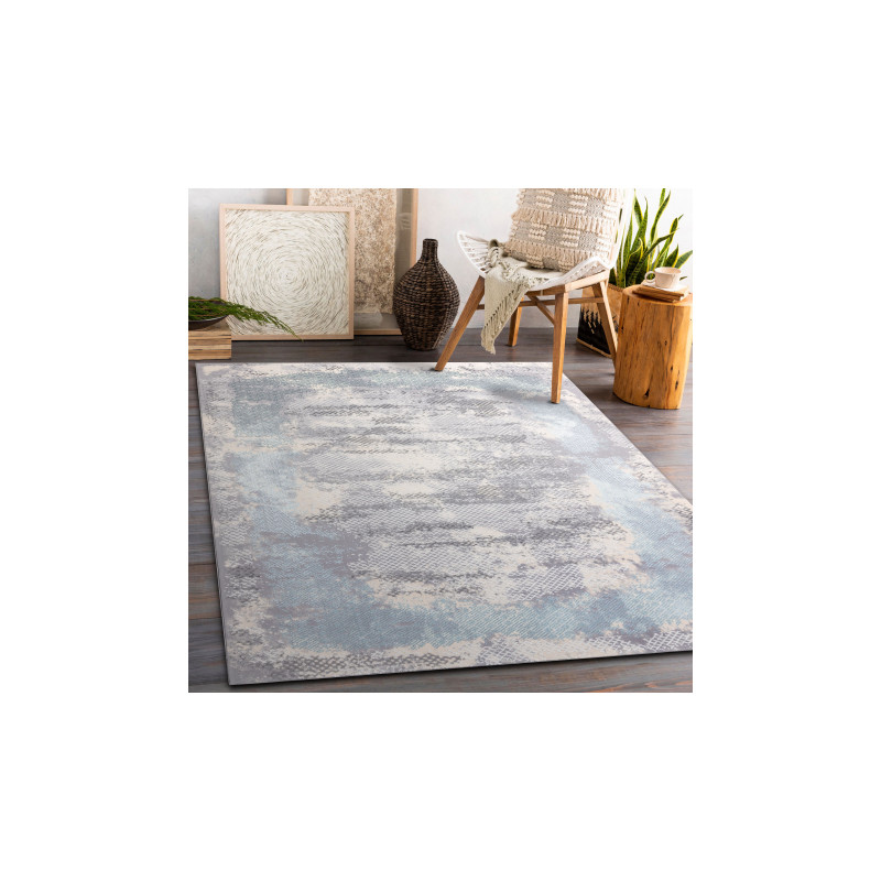 Dywan CORE A004 Ramka, Przecierany - Strukturalny, dwa poziomy runa, kość słoniowa / szary / niebieski 80x150cm