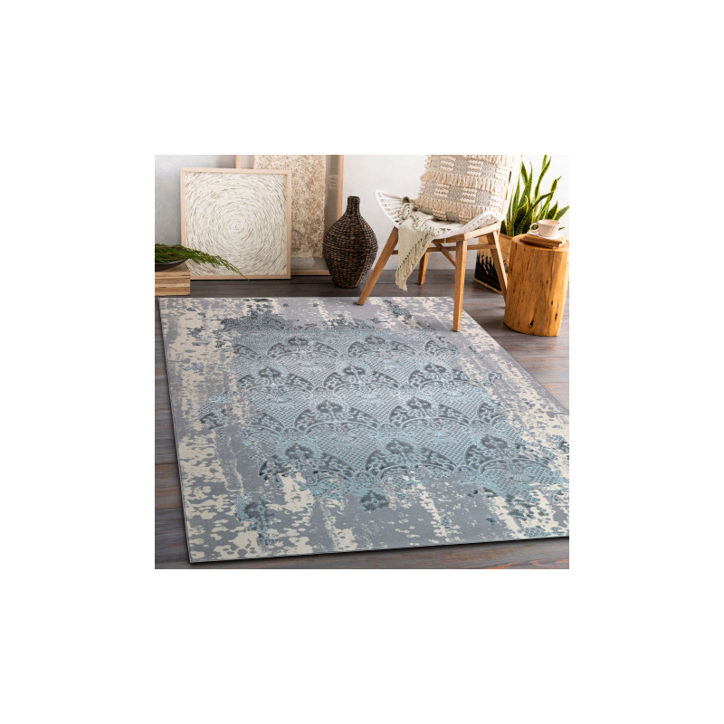 Dywan CORE W3824 Ornament Vintage - Strukturalny, dwa poziomy runa, jasnoniebieski / krem / szary 140x190cm