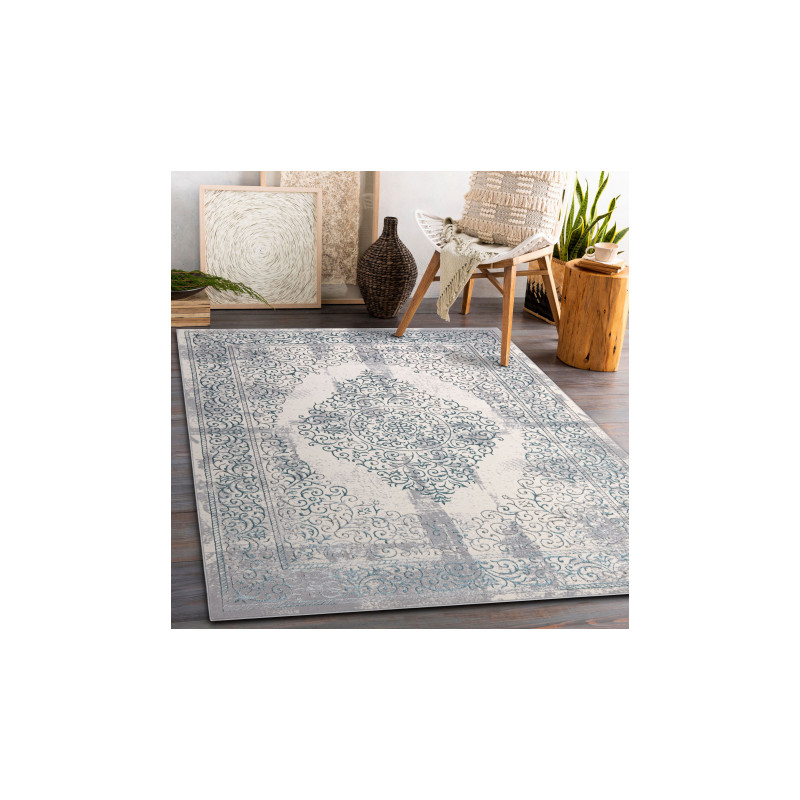 Dywan CORE W7161 Rozeta Vintage - Strukturalny, dwa poziomy runa, jasnoniebieski / krem / szary 80x150cm Dywan CORE W7161 Rozeta Vintage - Strukturalny, dwa poziomy runa, jasnoniebieski / krem / szary 80x150cm