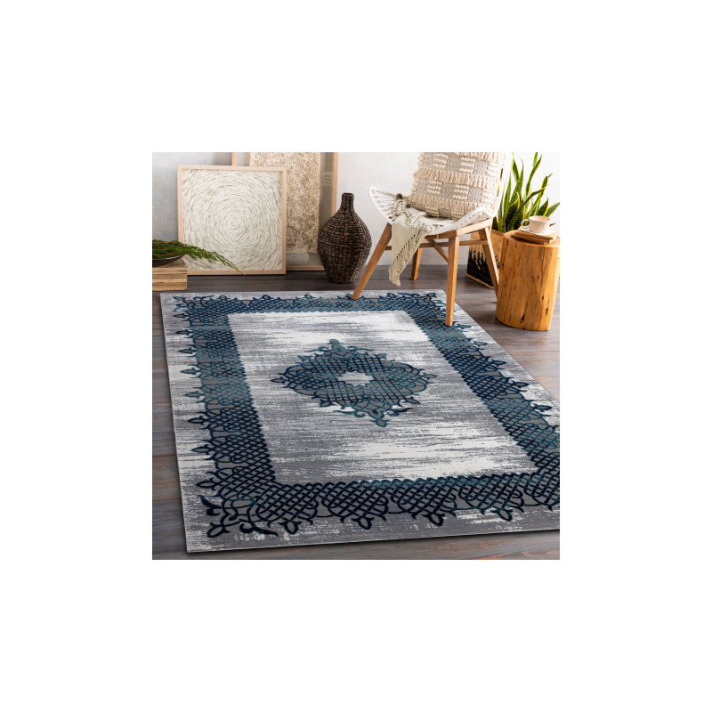 Dywan CORE W9797 Ramka, Rozeta - Strukturalny, dwa poziomy runa, niebieski / szary 80x150cm Dywan CORE W9797 Ramka, Rozeta - Strukturalny, dwa poziomy runa, niebieski / szary 80x150cm