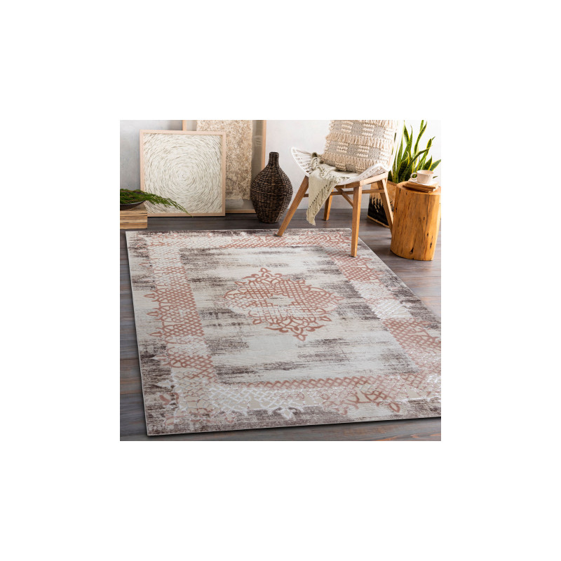 Dywan CORE W9797 Ramka, Rozeta - Strukturalny, dwa poziomy runa, beż / róż 80x150cm