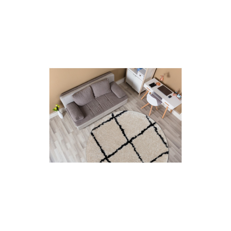 Dywan FLUFFY 2373 koło shaggy kratka, trellis - krem / antracyt koło 160cm