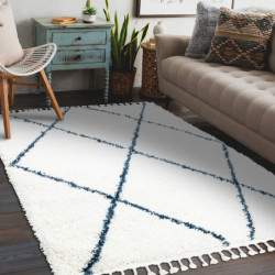 Dywan UNION 3683 Kratka, trellis krem / niebieski Frędzle berberyjski marokański shaggy 120x170cm