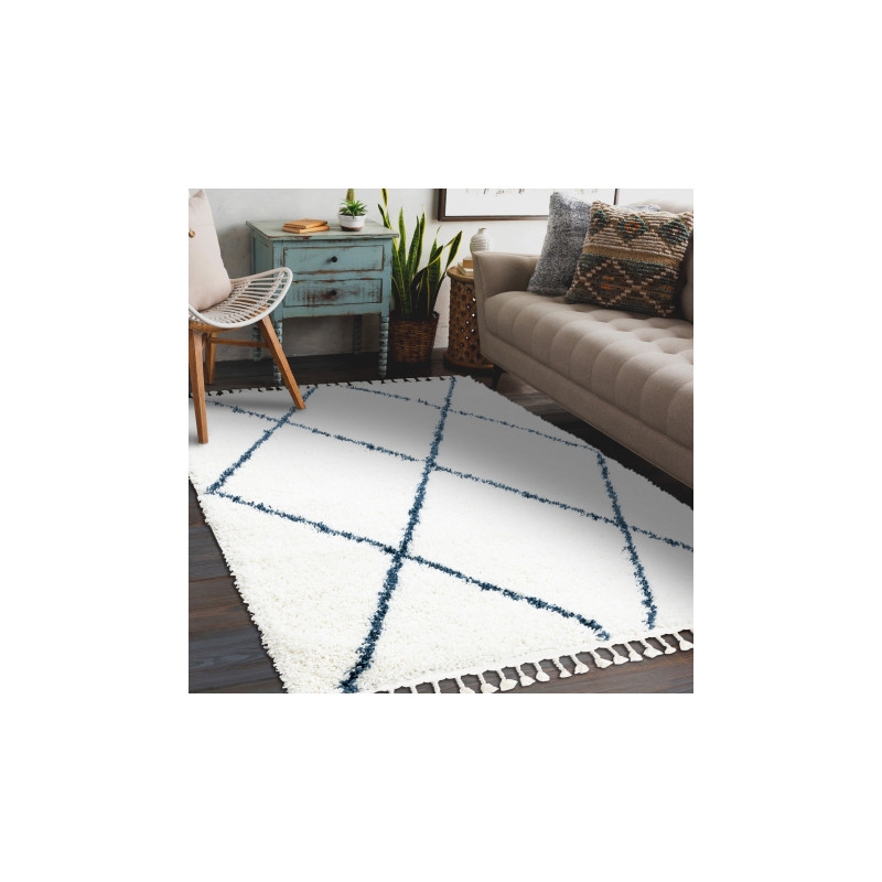 Dywan UNION 3683 Kratka, trellis krem / niebieski Frędzle berberyjski marokański shaggy 140x190cm