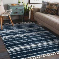 Dywan UNION 4080 Pasy niebieski / krem Frędzle berberyjski marokański shaggy 200x290cm