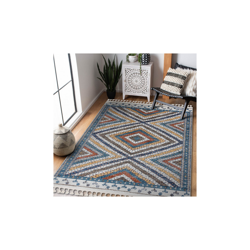 Dywan nowoczesny BELLE BG30C Romby, etniczny niebieski / krem Frędzle  160x220cm