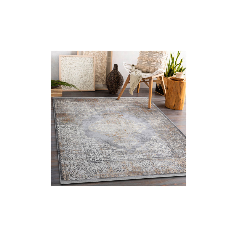 Dywan LUCE 80 nowoczesny Ornament vintage przecierany - Strukturalny szary / musztarda 134x190cm