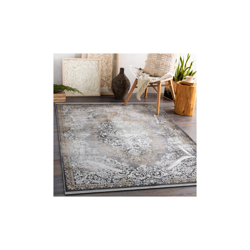 Dywan LUCE 91 nowoczesny Ornament vintage przecierany - Strukturalny szary / musztarda 77x150cm