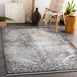 Dywan LUCE 91 nowoczesny Ornament vintage przecierany - Strukturalny szary / musztarda 154x220cm