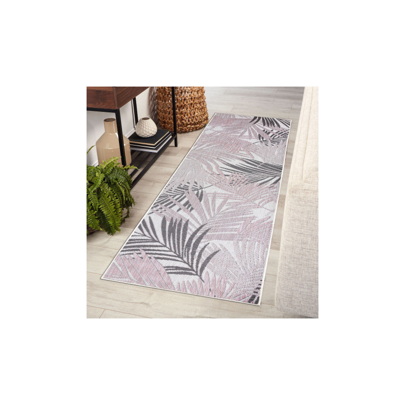 Dywan chodnik SZNURKOWY SIZAL SION Liście Palmy, tropikalny 2837 płaskie tkanie ecru / róż 60x300cm