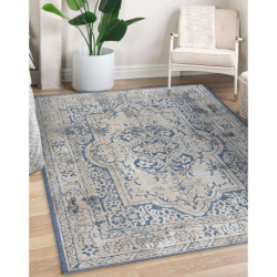 Dywan Strukturalny SOLE D3871 Ornament, ramka - płasko tkany niebieski / beż 80x250cm