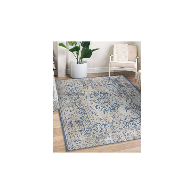 Dywan Strukturalny SOLE D3871 Ornament, ramka - płasko tkany niebieski / beż 200x290cm