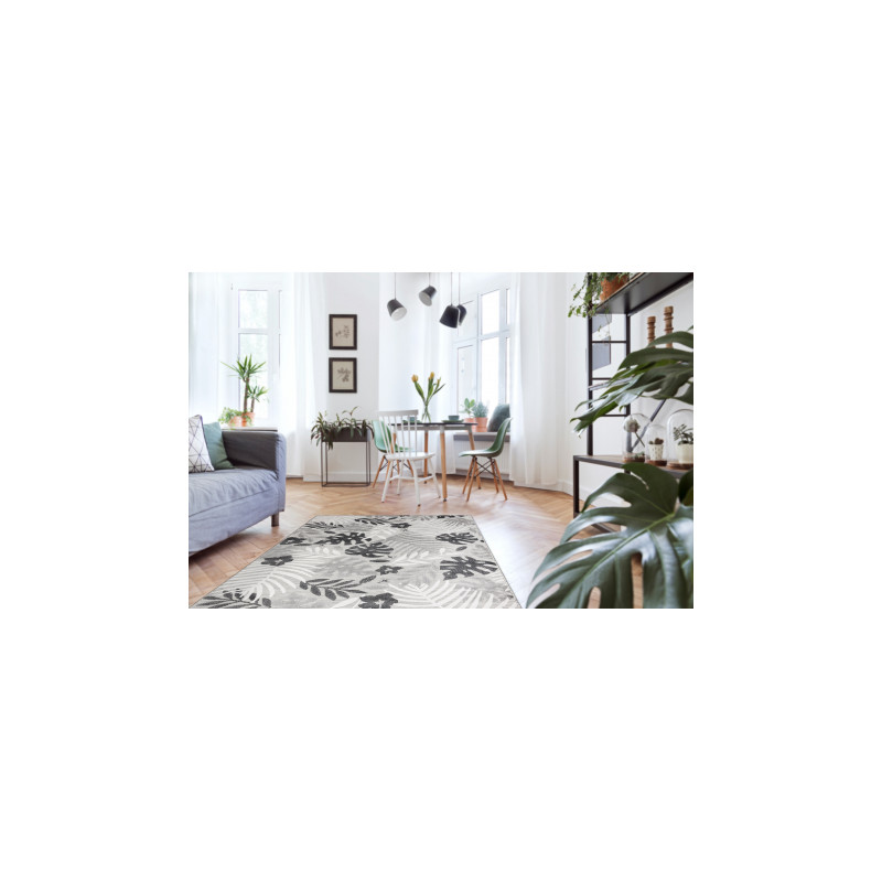 Dywan Strukturalny BOTANIC 65245 Liście Monstera płasko tkany, na balkon, taras - szary 157x220cm Dywan Strukturalny BOTANIC 65245 Liście Monstera płasko tkany, na balkon, taras - szary 157x220cm