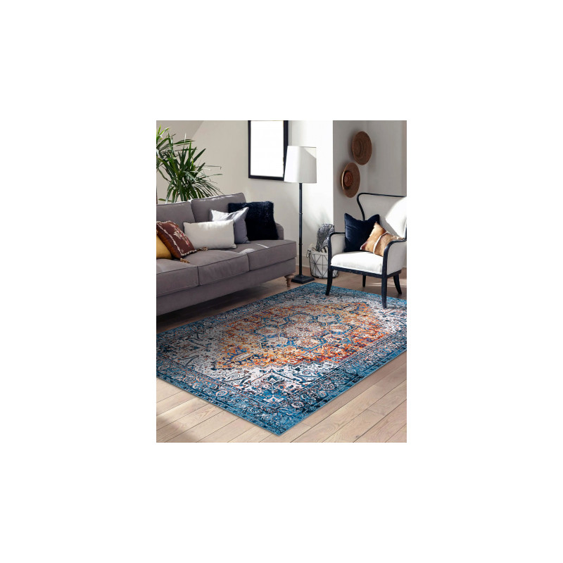 Dywan ANTIKA ancret orangeblue, nowoczesny ornament, do prania - niebieski / pomarańczowy 160x220cm