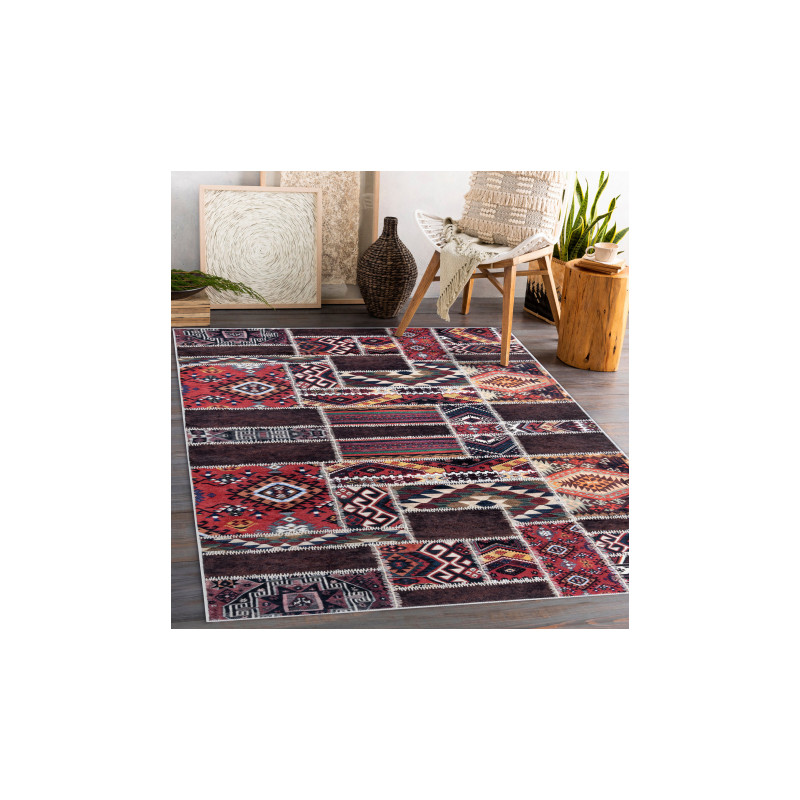 Dywan do prania ANDRE 2305 Orientalny patchwork, antypoślizgowy - bordo / brązowy 80x150cm