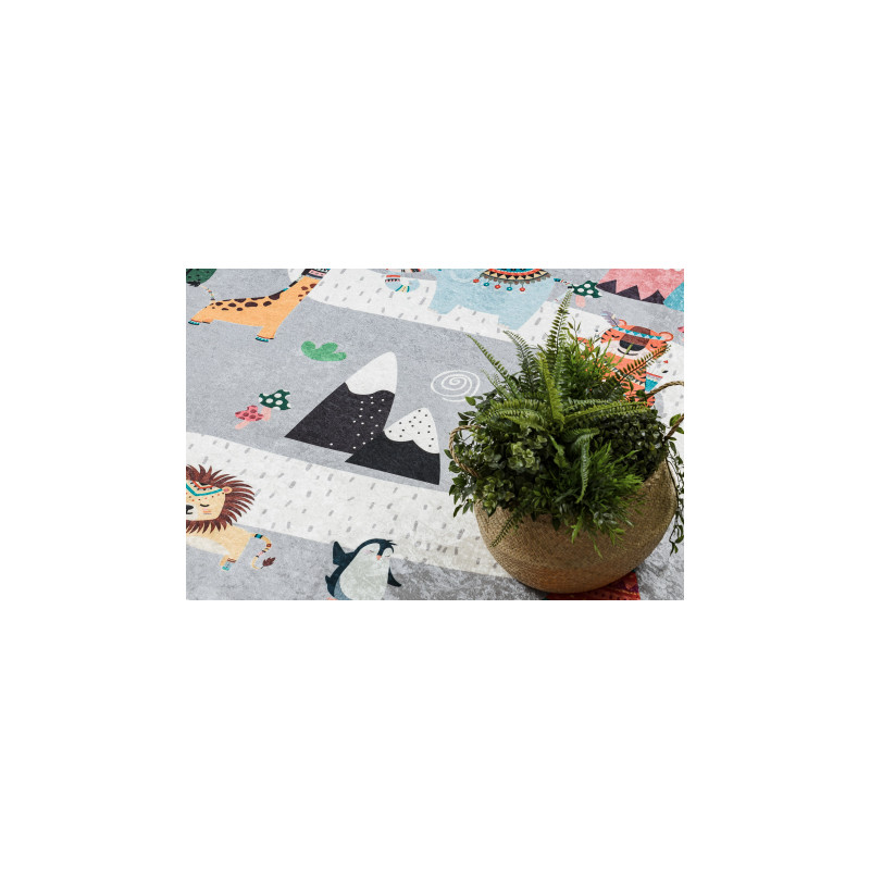 Dywan do prania BAMBINO 2160 Uliczki, wioska indiańska, zwierzęta dla dzieci, antypoślizgowy - szary 120x170cm