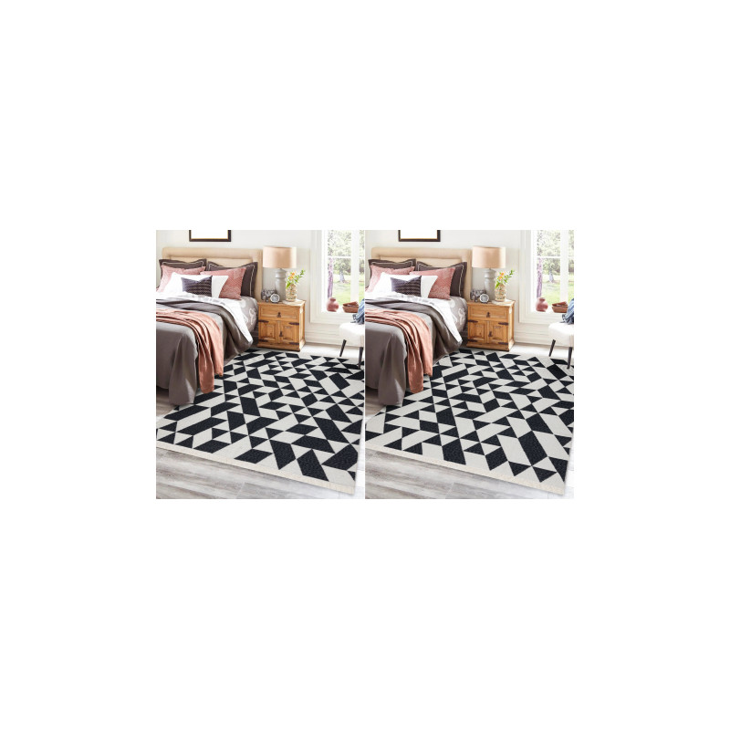 Dywan TWIN 22992 Geometryczny, bawełna, dwustronny Ekologiczny frędzle - czarny / krem 60x90cm
