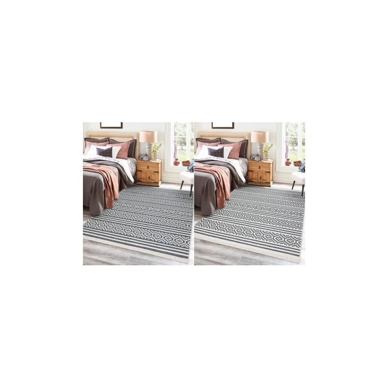 Dywan TWIN 22996 Geometryczny, pasy bawełna, dwustronny Ekologiczny frędzle - antracyt / krem 180x270cm