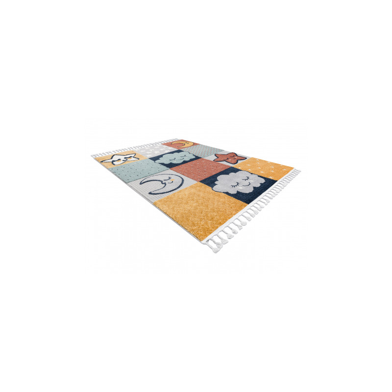 Dywan YOYO GD52 szary / żółty - Gwiazdki, chmurki, patchwork dla dzieci, strukturalny, sensoryczny Frędzle  80x150cm